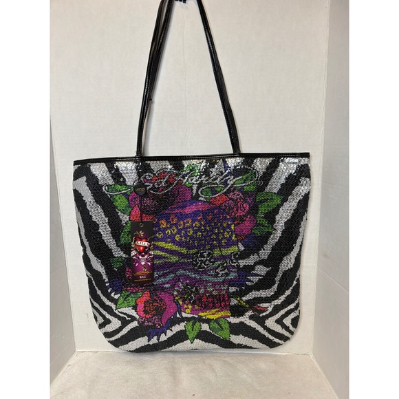 NWT VTG Y2K Ed Hardy Sequined Zebra Print Skull Floral Tote Bag READ - Picture 1 of 11
